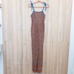 Live To Be Spoiled Womens Wide Leg Jumpsuit Size S Rust Floral Boho Cottage
